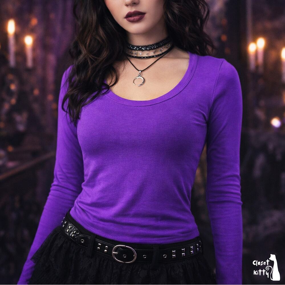Zenana Purple Long Sleeve Scoop Neck Top Fits XS Fairycore Grunge Whimsigoth